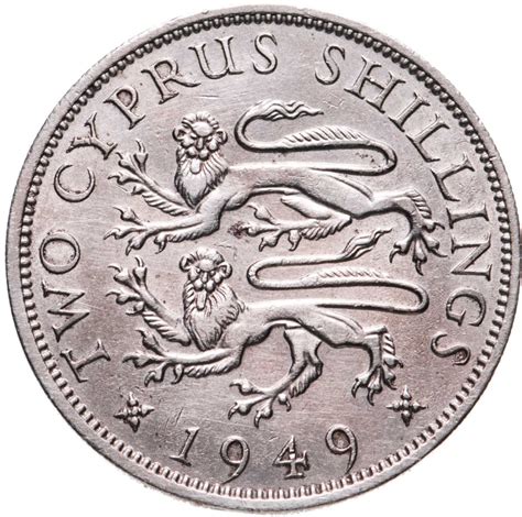 Монета Кипр 2 шиллинга (shillings) 1949 стоимостью 2120 руб.