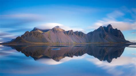 iceland mountain vestrahorn  blue sky reflection  water hd
