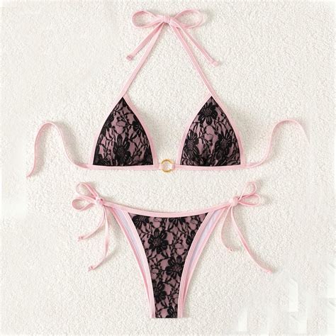 PNTUTB Women S Summer Fashion Lace Deep V Neck Bow Tie Bikini Two Piece