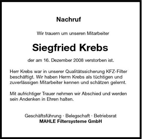 Traueranzeigen Von Siegfried Krebs Trauerundgedenken De