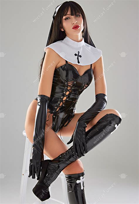 Sexy Lingerie Set Nun Suit Gothic Lace Up Hollow Bodysuit Costume Outfit For Sale