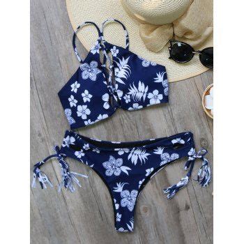 OFF Printed Tie Side Tasselled Bikini Set In PURPLISH BLUE DressLily