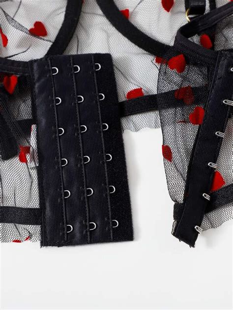 Plus Heart Print Mesh Underwire Lingerie Set For Sale Australia New Collection Online SHEIN