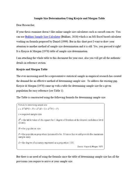 Krejcieand Morgan Sample Size Determination Table Pdf