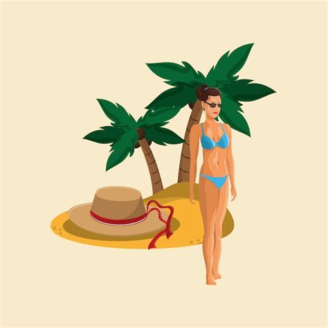 Premium Vector Woman In Bikini And Travel Related Icons
