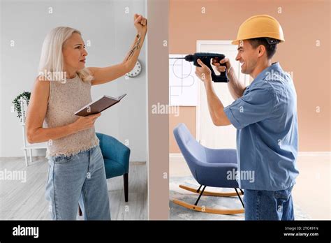 Mature Woman Suffering From Loud Neighbour With Drill At Home Stock Photo Alamy