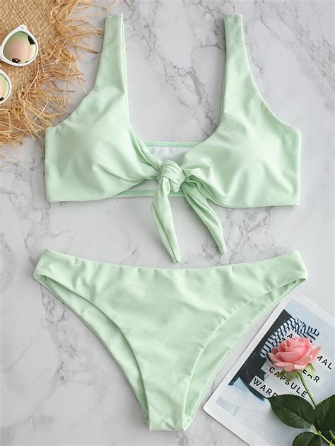 Off Zaful Plunge Front Knot Bikini Set In Light Cyan Zaful