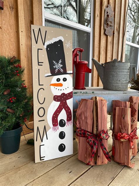 Welcome Snowman Porch Sign Winter Porch Sign Vertical Wood Etsy