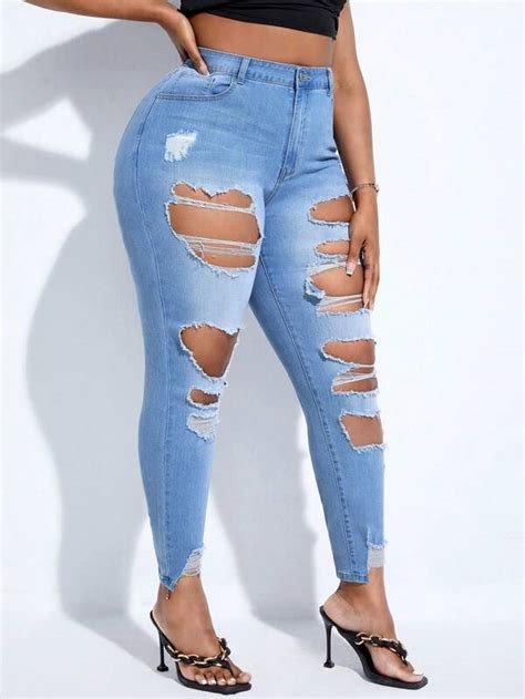 Shein Sxy Plus High Waist Ripped Raw Hem Skinny Jeans Shein Usa