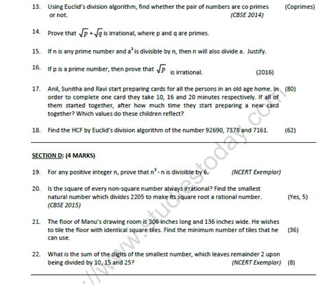 Cbse Class 10 Mathematics Real Numbers Worksheet Set B