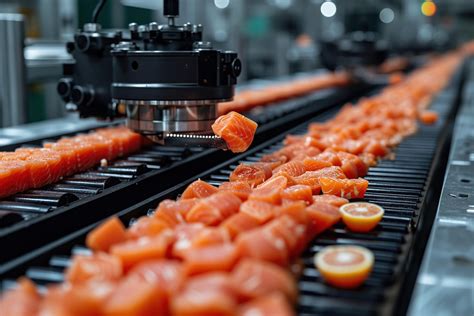 Robots efficiently sorting fresh salmon in a food processing facility ...