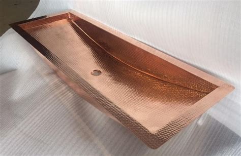 Hand Hammered Copper Trough Bathroom Vanity Sink In Shiny Etsy Copper Sink Care Hammered