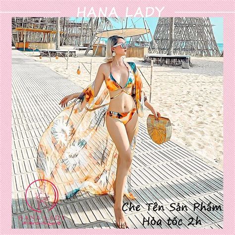 Bikini đi biển đồ tắm kèm choàng cao cấp hoa vàng BN130 Hana Lady