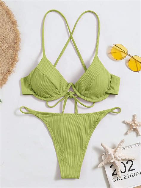 Plain Rib Cross Back Thong Bikini Swimsuit For Sale Australia New Collection Online SHEIN