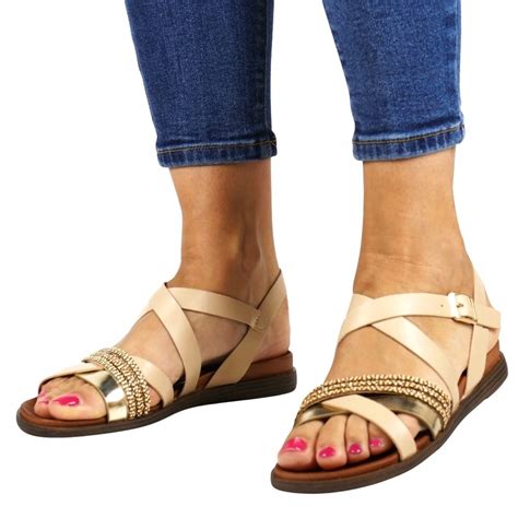 BEŻOWE ZŁOTE SANDAŁY DAMSKIE NA PŁASKIEJ PODESZWIE NUDE PLECIONKA MODNE Cena Opinie