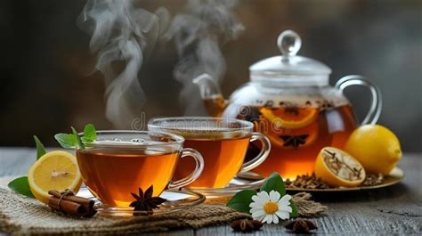AI Generated Illustration Of A Kettle And Glasses Of Steaming Hot Teas With Cinnamons And Lemons