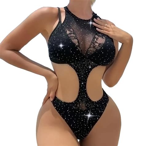 Famstar Sexy Lingerie For Women Naughty Sparkle Rhinestone Set Bodysuit Outfits Teddy Erotic
