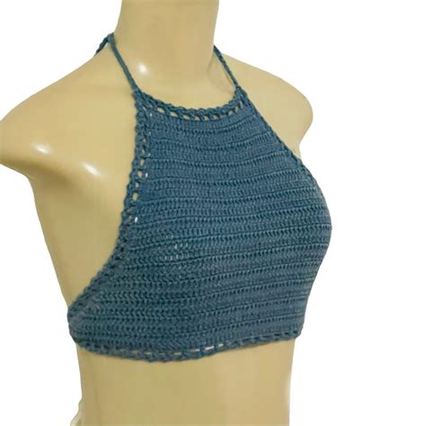 She Made Me Blue Crochet High Neck Halter Bikini Top Swim Pool Beach S