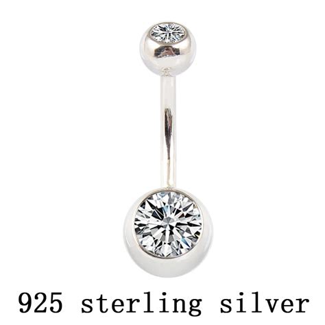 Real 925 Sterling Silver Belly Button Ring Clear Double Zircon Body