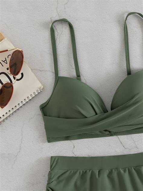 SHEIN Swim Basics Plissettato Set Bikini Reggiseno Push Up Scrunch Butt Bottom Vita Alta