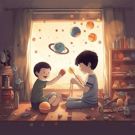 Um Desenho Animado De Dois Meninos Brincando Planetas E Planetas