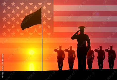 Silhouettes Of Soldiers And Officers Saluted The Flag Raising Stock