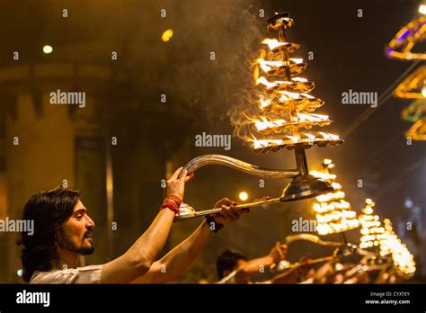 India, Uttar Pradesh, Priests celebrating River Ganges Aarti Stock ...