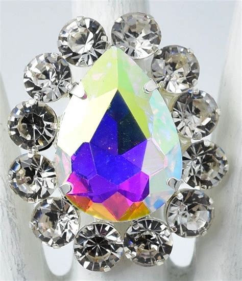 Rhinestone Cocktail Ring Aurora Borealis Teardrop Stone Silver Ring