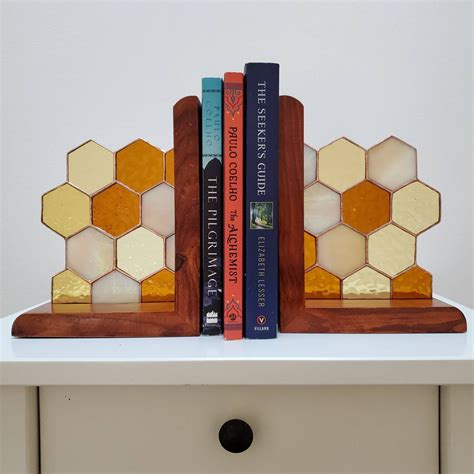 Honeycomb Stained Glass Bookends Iridized Glass Art Book Lover Honeycomb Corner Stained Glass