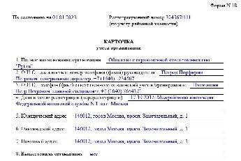 Образец заполнения карточки учета организации форма-18 в 2025 году