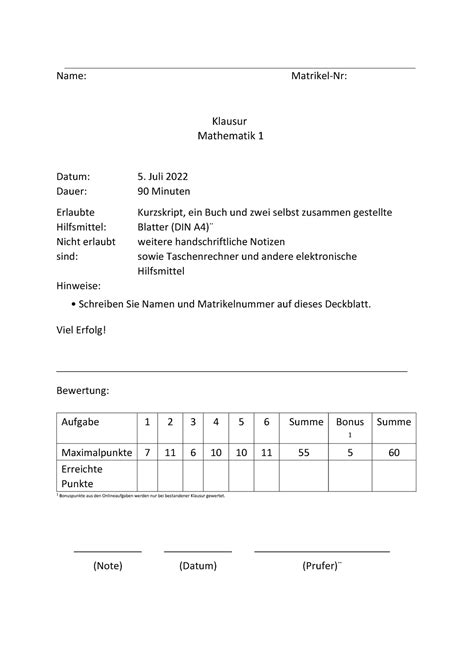 Mathe Ws 22 23 1 Name Klausur Mathematik 1 Matrikel Nr Datum 5