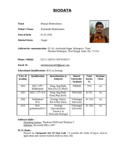 biodata  manojit bhattacharya  biology organisms