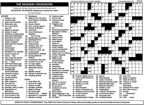 Newsday Crossword Sunday for Aug 27, 2023, by Stanley Newman | Creators ...