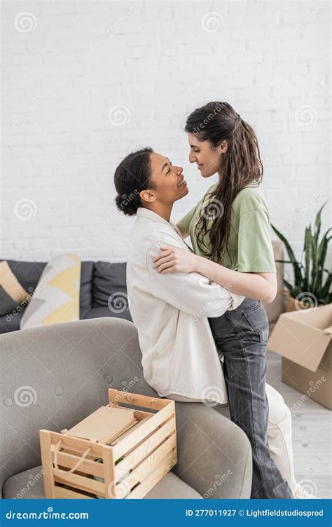 Positive Lesbian Woman Hugging Happy Multiracial Stock Image Image Of Home Lgbt