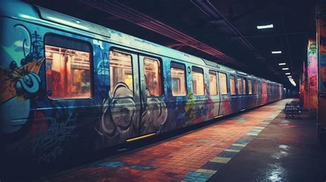 Premium AI Image | A train covered in graffiti sitting on the tracks