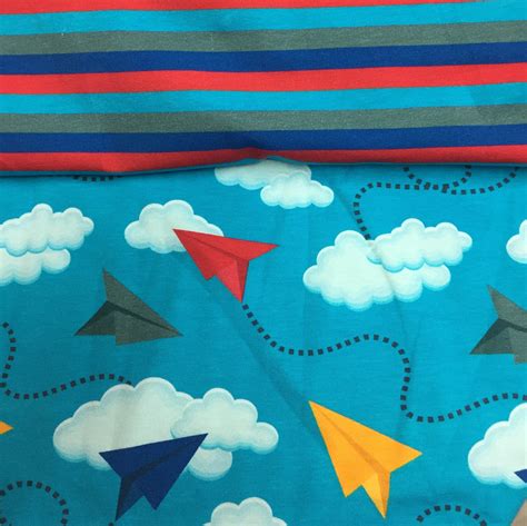 Paper Airplane Red Stripe on Organic Cotton/Spandex Jersey Fabric