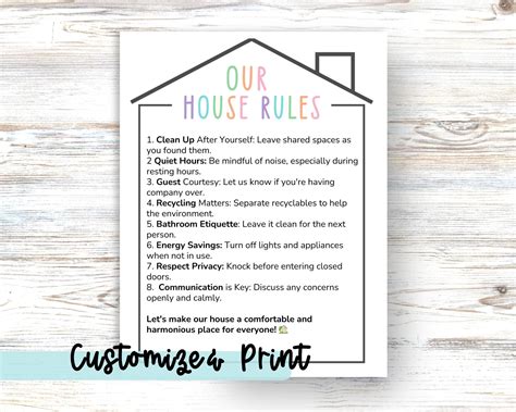 editable house rules chart  kids  families household rules