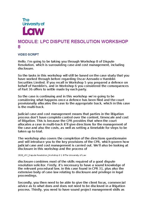 Dr Ws8 Notes Module Lpc Dispute Resolution Workshop 8 Video Script