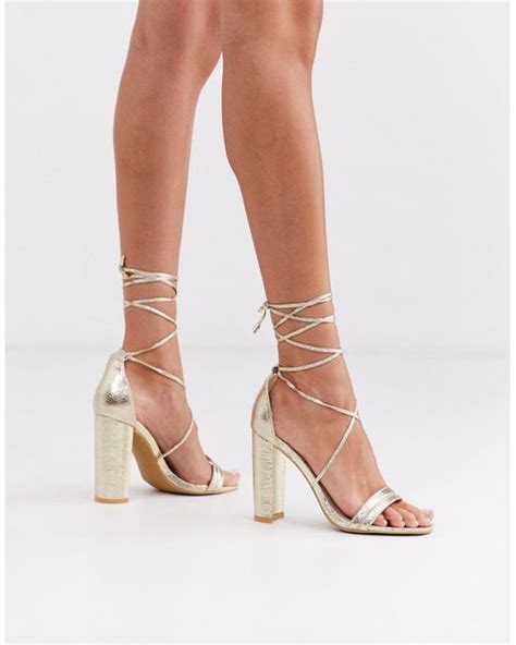 Glamorous Gold Block Heeled Sandals With Ankle Tie In Metallic Lyst Uk