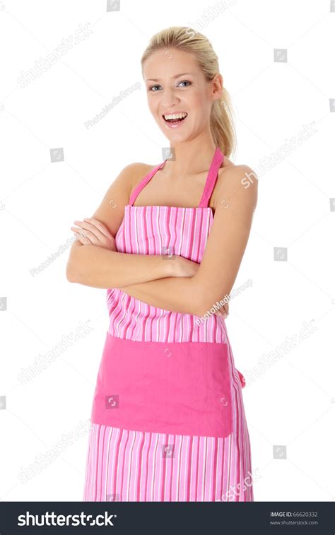 Happy Blond Nude Woman Pink Apronisolated Stock Photo Shutterstock