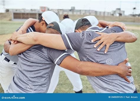 Baseball Teamwork And Back Of Men On Field For Competition Training