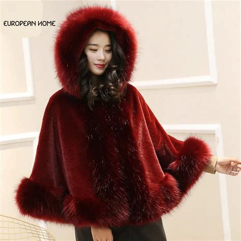 New Autumn Winter Cape Cloak Coat Imitation Fox Fur Shawl Female Bat