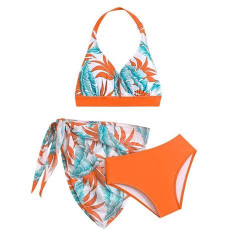 Mezzall Summer Girls Large Sized Leaf Patterned Bikini With Wrap Around Skirt And Three Piece