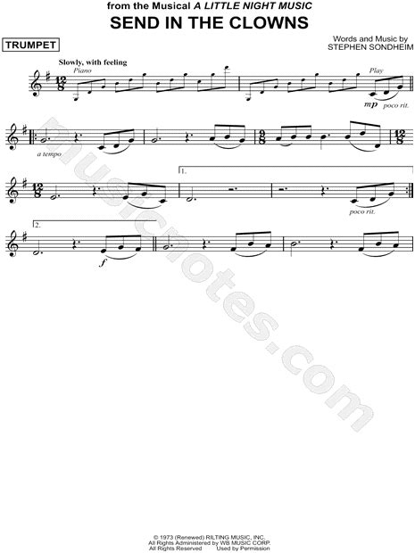 Stephen Sondheim Send In The Clowns Sheet Music Trumpet Solo In G