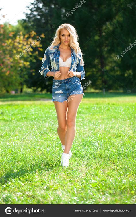 Beautiful Sexy Blonde Woman Dressed Denim Jacket Shorts Fashion Model Stock Photo By Arkusha