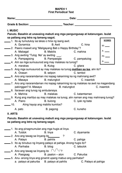 Pt Mapeh Q Sample Test Mapeh First Periodical Test Studocu