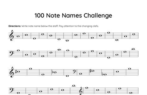 100 Note Names Challenge Reproducible Music Theory Worksheet