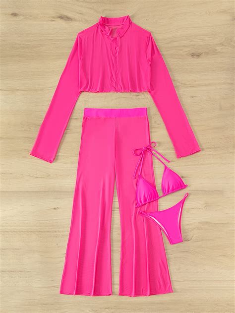 SHEIN Swim Vcay Conjunto de bikini transparente Sujetador triángulo halter Tanga Camisa