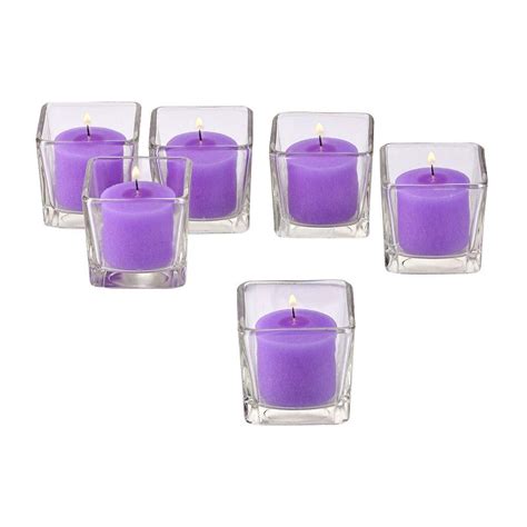 Light In The Dark Clear Glass Square Votive Candle Holders With Lavender Votive Candles Set Of