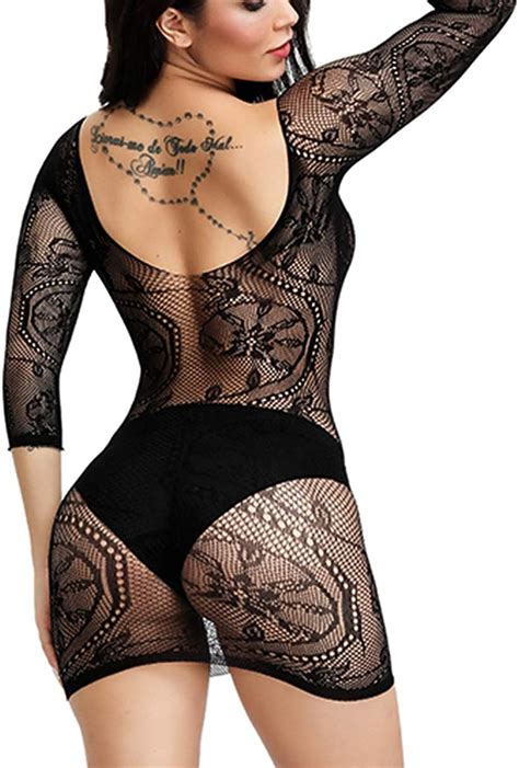 Amazon Woosifun Women Fishnet Lingerie Sleepwear Loong Pattern Mesh Babydoll Mini Dress